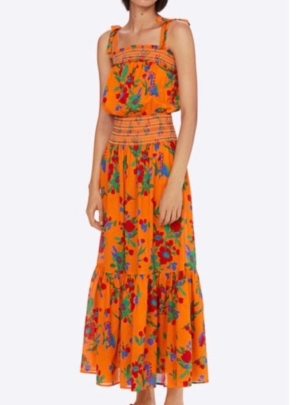 Tory Burch Orange Floral Tie-Shoulder Maxi Dress